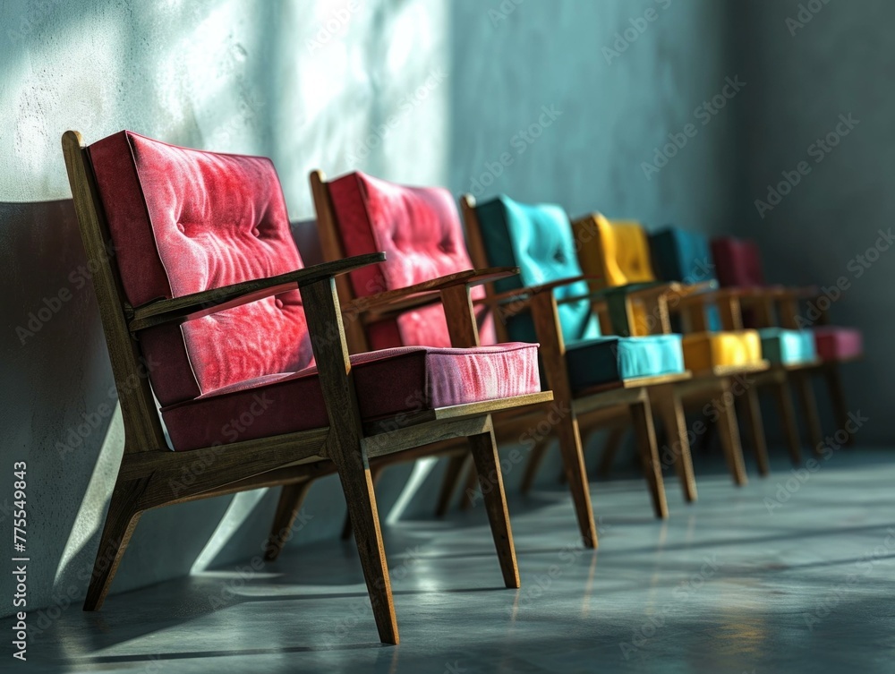 Poster a row of colorful chairs in a room. generative ai.