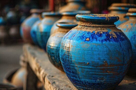 A row of blue vases sitting on a wooden shelf. Generative AI.