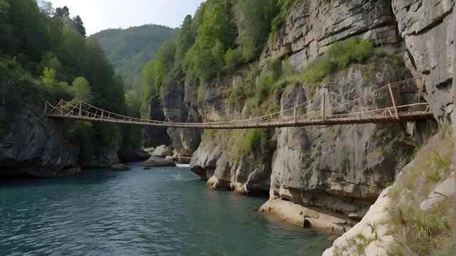 Fototapeta Between rocks, an ancient wooden suspension rope bridge
