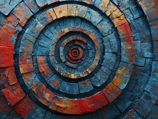 A spiral made of red, blue and orange wood. Generative AI.