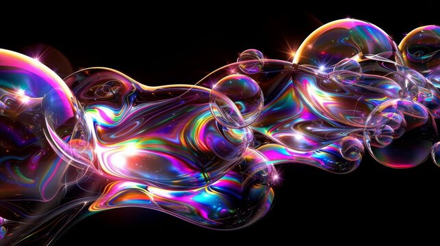 abstract stream of colorful bubbles floating on a black background
