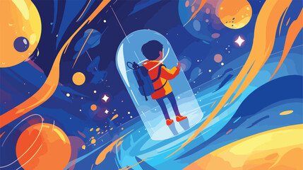 Illustration of a young boy exploring the space 2d