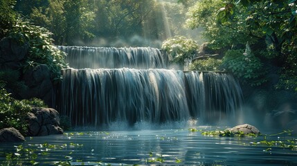 Tranquil waterfall, Capture the peaceful and meditative qualities of a waterfall, evoking a sense of serenity and calmness