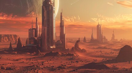 Dystopian cityscape on Mars, hyperrealistic surrealism 3D render