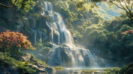 Adventure destination, Convey the sense of excitement and adventure associated with visiting a waterfall as part of an outdoor exploration or travel adventure - obrazy, fototapety, plakaty