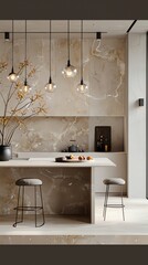 Aesthetic kitchen interior. Aesthetic kitchen interior with beige marble walls, concrete floor, white countertops with built in sink and bar stools
