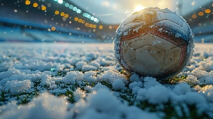 soccer ball in the snow in an empty stadium  sports winter break  season pause or end  copy space  generative ai - obrazy, fototapety, plakaty