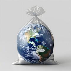 planet earth in a plastic colorless transparent bag on a white background hyper realistic, isolated