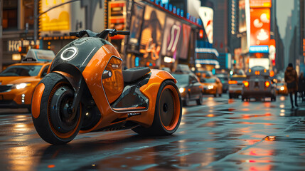 Futuristic Cityscape on Autonomous Journey, Transportation Adventure with an Orange Hi-Tech Motorcycle in Urban Landscape, Automation motorbike on City Streets. Technology Bike Design Future Concept. - obrazy, fototapety, plakaty