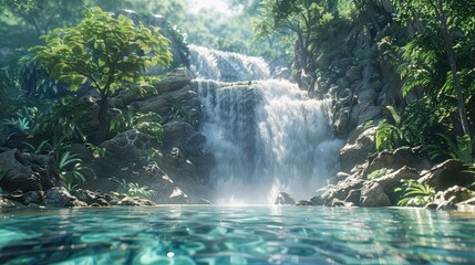 waterfall, Showcase the pristine clarity of the water as it cascades down the waterfall, highlighting its purity and transparency - obrazy, fototapety, plakaty