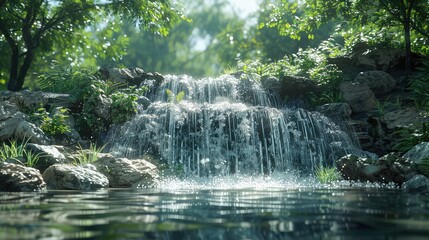 waterfall, Showcase the pristine clarity of the water as it cascades down the waterfall,...