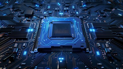 Fototapeta premium Abstract blue circuit board background with chip and electronic elements on black, high tech vector illustration