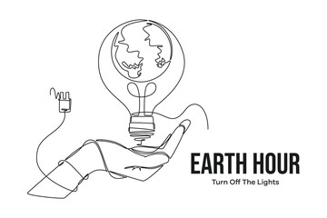 Continuous one line drawing earth hour day concept. Doodle vector illustration.