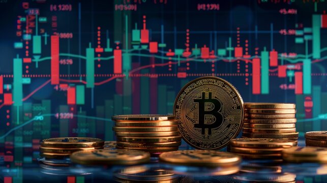 A stock market chart background with bitcoin and gold coins in the foreground. The charts show rising green candles and red descending bar lines.
