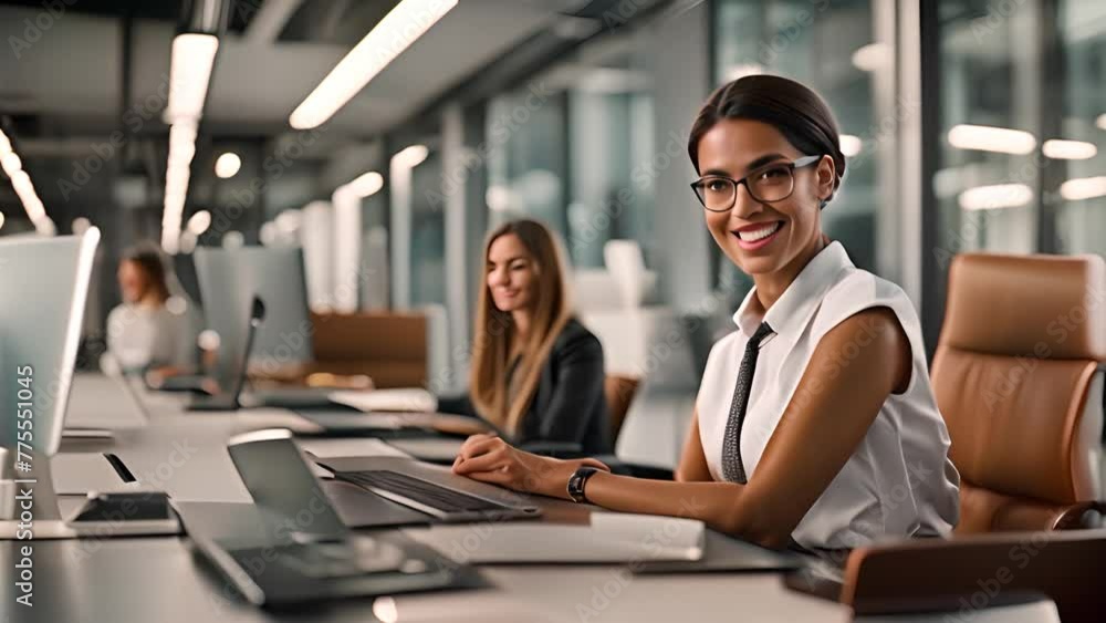 Poster office setting woman working with others with laptop computer generative ai