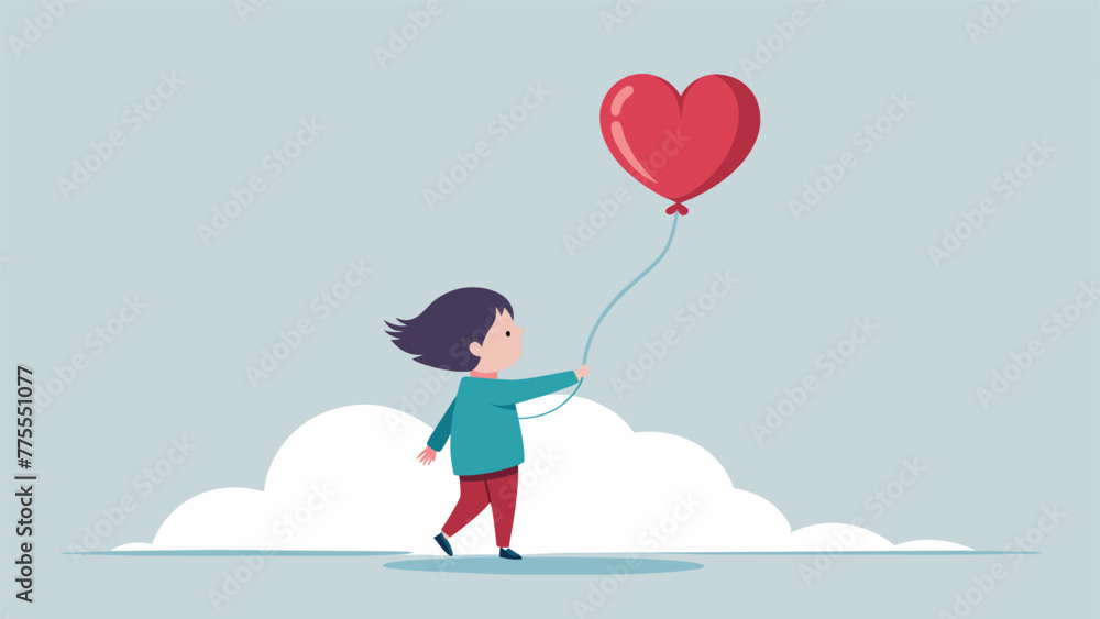 Poster a drawing of a child holding a heartshaped balloon with a string tied to it as it slowly floats away