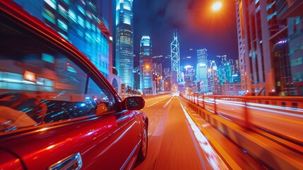 A car driving on the highway, with a motion blur effect of city streets at night with skyscrapers in the background, captured with high speed photography, showing the motion blurring of moving