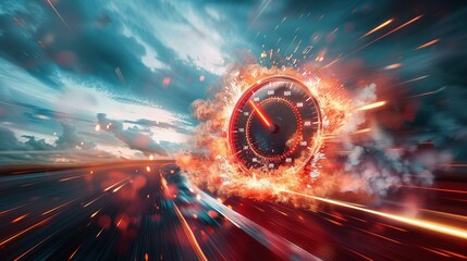 A high-speed car speedometer with a blurred background of a cloudy sky, smoke, and motion blur. An abstract racing concept background