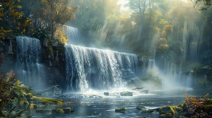 Dramatic waterfall, Capture the dramatic lighting and composition of a waterfall, emphasizing its dynamic qualities and creating a sense of intensity 