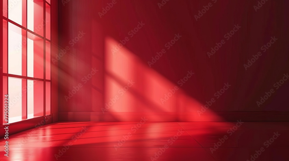 Poster elegant red studio background with light and shadow window reflection, empty room for product displa