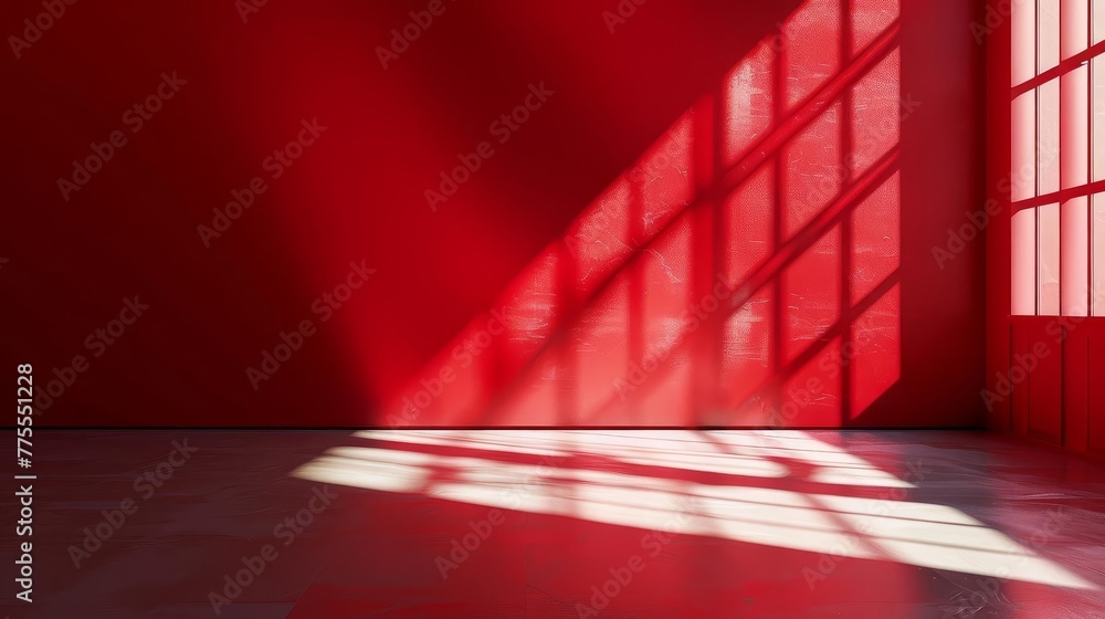 Poster elegant red studio background with light and shadow window reflection, empty room for product displa