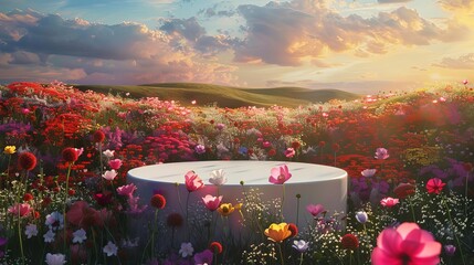 Elegant Product Display Podium in Field of Vibrant Flowers, Soft Morning Light, Photorealistic Digital Painting
