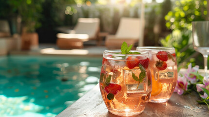Two glasses filled with sparkling strawberry mint cocktails sit on a wooden ledge by a tranquil swimming pool - obrazy, fototapety, plakaty