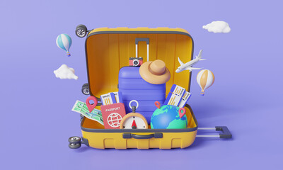 Suitcase with travel accessories. Traveling luggage, Travel around the world, Book a ticket, vacation summer, Trip planning. Front view on travel and tourism concept. 3d render illustration