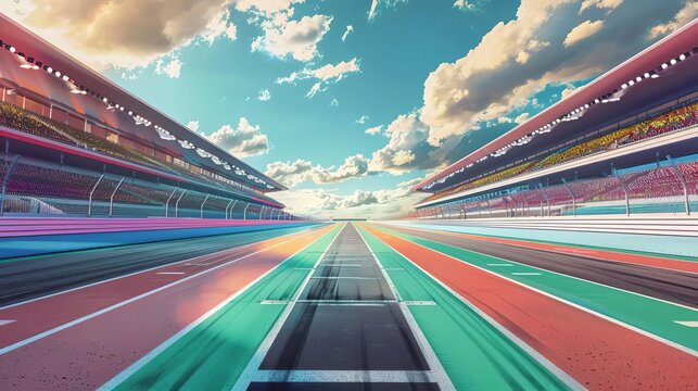 Empty racing track with colorful grandstands filled with cheering crowd, digital sports illustration