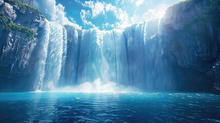 Powerful waterfall, Convey the immense force and energy of a waterfall as it plunges into the pool below, evoking a sense of power and strength