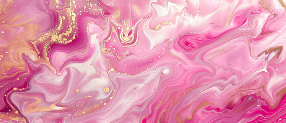 Abstract fluid art painting in Dark neon pink , white and gold colors with swirling patterns reminiscent of an ocean landscape
