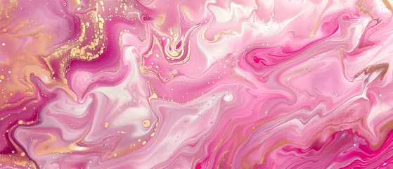 Papier Peint photo Lavable Rose  Abstract fluid art painting in Dark neon pink , white and gold colors with swirling patterns reminiscent of an ocean landscape