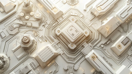 Flat Art ,White Gold High tech Circuit board with big one microchip working on center - obrazy, fototapety, plakaty