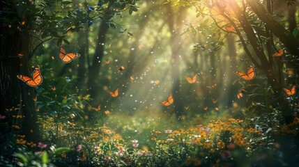 Enchanted forest with butterflies, flowers, and fairy tale atmosphere, fantasy scene - obrazy, fototapety, plakaty