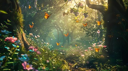 Enchanted forest with butterflies, flowers, and fairy tale atmosphere, fantasy scene