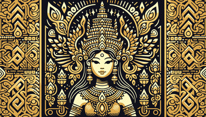 Creative Solid Golden, Goddess woman very beauty with Asian features traditional, vector flat dark background