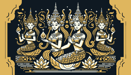 Creative Solid Golden, Goddess woman very beauty with Asian features traditional, vector flat dark background