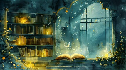 Enchanted Library with Flying Books and Glowing Magical Symbols, Watercolor Illustration