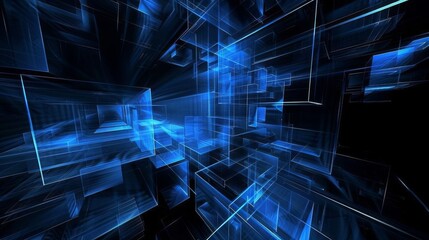 abstract futuristic tech blue cubes floating on a black background