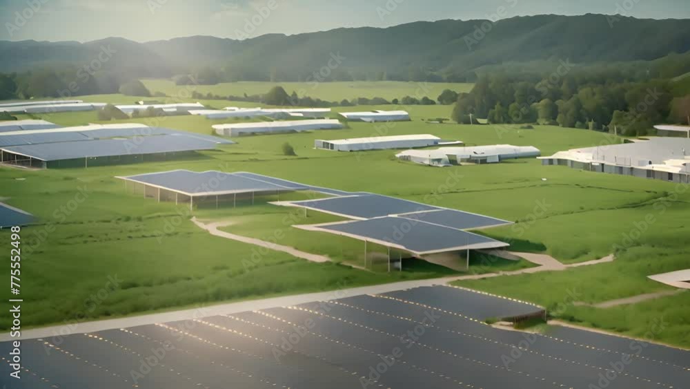 Poster aerial view of solar panels in a field generative ai