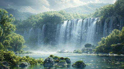 Majestic waterfall, Emphasize the sheer size and power of a waterfall, conveying a sense - obrazy, fototapety, plakaty