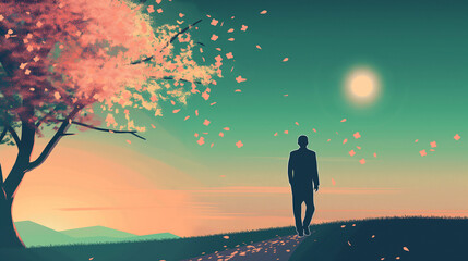 A man in suit walks along the path under Sakura tree narrow in Sunset and teal colors, flat design illustration with pastel color palette - obrazy, fototapety, plakaty