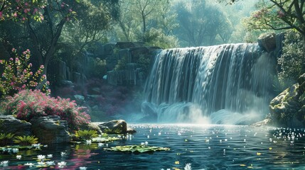 Scenic waterfall, Highlight the picturesque qualities of a waterfall, focusing on its aesthetic appeal and the serene atmosphere it creates