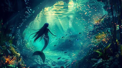 Enchanting Mermaid Swimming in a Luminescent Underwater Cave, Fantasy Digital Illustration