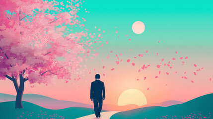 A man in suit walks along the path under Sakura tree narrow in Sunset and teal colors, flat design illustration with pastel color palette - obrazy, fototapety, plakaty