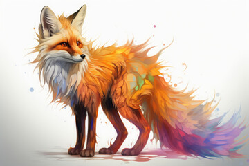 a painted fox with a bright tail on a white background - obrazy, fototapety, plakaty