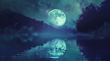Enchanting Moonlit Reflections Dancing on Tranquil Lake Surface, Concept Illustration