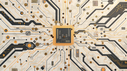 Flat Art ,White Gold High tech Circuit board with big one microchip working on center