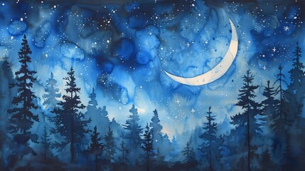Enchanting Night Sky with a Crescent Moon, Twinkling Stars, and Silhouetted Trees, Watercolor Painting