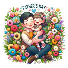 Obraz na płótnie Canvas Father's Day - Illustration of father with her daughter hugging each other, flower in the background, isolated on transparent, PNG background, Generative ai
